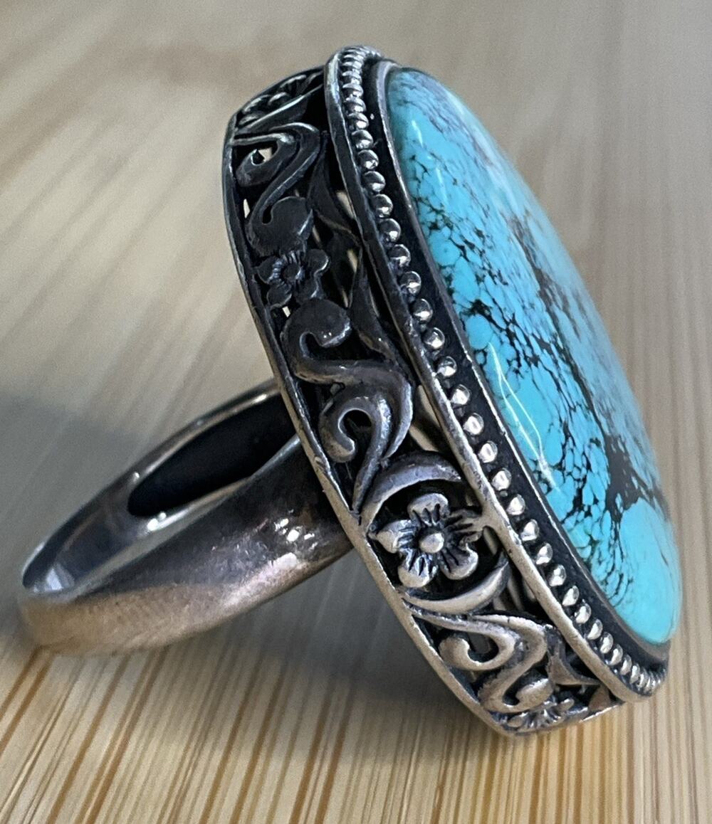 Large Sterling Silver Bold Turquoise Statement Ring Filigree Wide Band Size 8